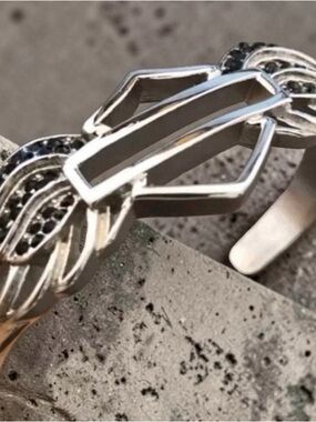 Harley Davidson silver cuff bracelet with black rhinestones